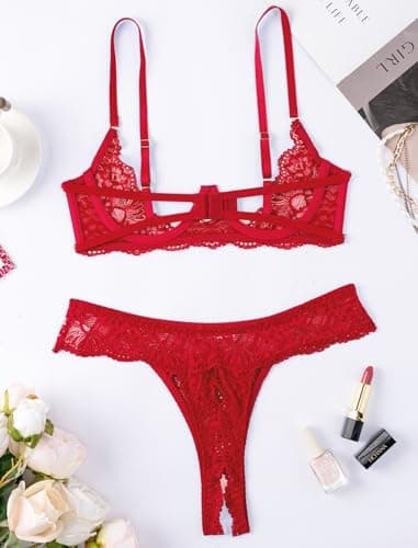 Avidlove Sexy Bra with Panties Mesh Sheer Push Up Lingerie Set Lace Underwire Lingerie Red S - Thumbnail 4