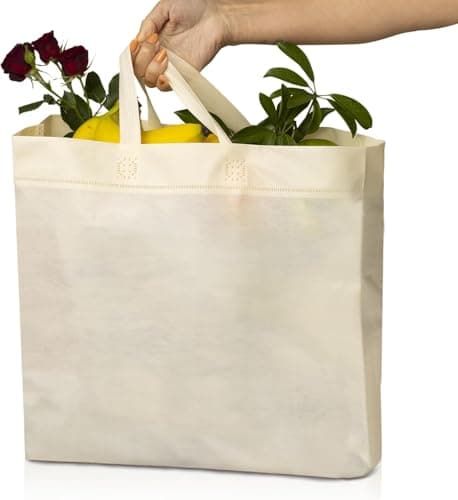 Simply Cool 50 Pack Reusable Eco-Friendly Grocery Shopping Bags 12.6"x6.3"x11.8" Durable, Recyclable, Washable, Foldable, Portable Tote Bags Bulk (50 Pack,Cream) - Thumbnail 2