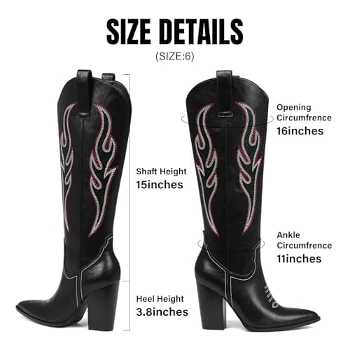 Celbreez Cowboy Boots for Women Black Cowgirl Boots with Embroidered Knee High Cowboy Boot Women Pointed Toe Side Zipper Western Boot Leather Wide Calf Chunky Heel Country Shoes - Thumbnail 5