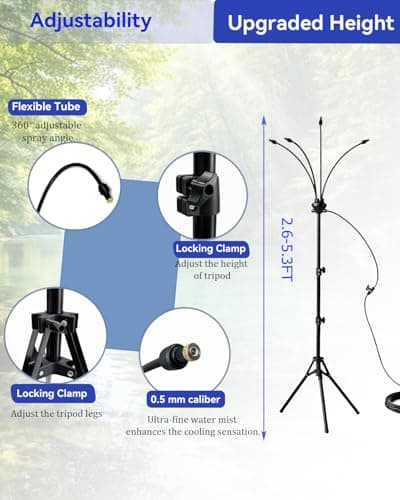 Upgraded 5.3FT Outdoor Misting System, Adjustable Stand with 360° Flexible Hose & 0.5mm Nozzles for Ultra Fine Mist, Patio Cooling Kit for Backyard, Pool, BBQ - Includes 26FT Hose & Tripod - Thumbnail 2