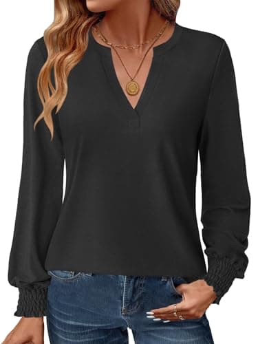 GKBK Womens Long Sleeve Shirts Fall Tops V Neck Business Dressy Casual Blouses with Smocked Cuffs Black - Image 1