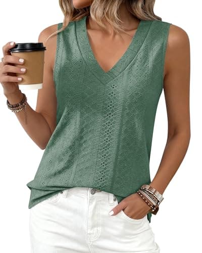 BTFBM Womens Tank Tops 2026 Summer Eyelet Crossed V Neck Sleeveless Casual Loose Fit Basic Spring Top Vacation Outfits(Sage Green, XX-Large) - Thumbnail 2