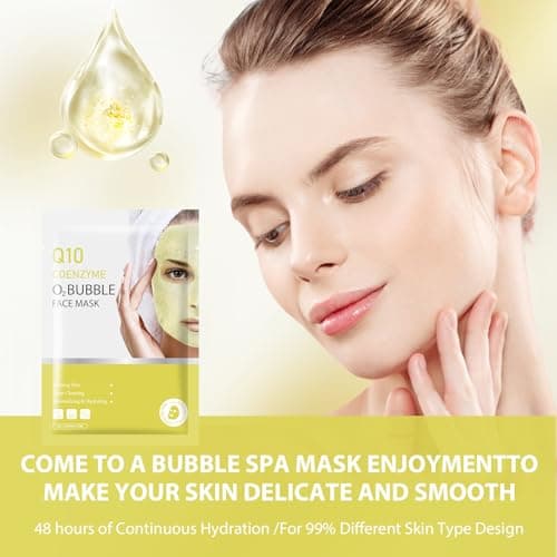10 Sheets Coenzyme Q10 O2 Bubble Masks for Face, Bubble Face Mask Skincare for All Skin Types, Deep Cleansing Moisturizing Facial Mask Skin Care for Pores, Firming, Purifying, Sheet Masks for Spa - Thumbnail 3