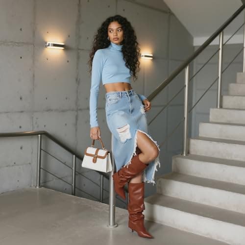 COMFITORIA Womens Knee High Boots, Fold Over Shark Boots Stiletto Heels Slouchy Long Boot Pointed Toe Thigh High Dress Shoes Sexy Fashion Tall Boot for Women with Zipper - Thumbnail 6