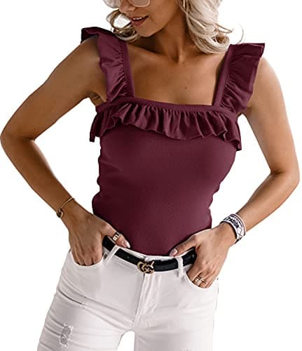 CNJFJ Womens Cute Sleeveless Tank Tops Ruffle Strap Square Neck Blouse Solid Color Knitted Camisole Burgundy - Image 1