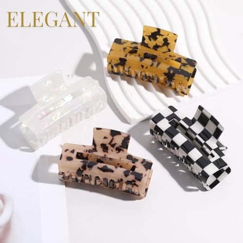 LuSeren 4 Pack 3 Inch Hair Claw Clips for Women, Medium Rectangle Acetate Jaw Clips, Checkered & Tortoise Style, Strong Hold Non-Slip Hair Accessories for Girls - Thumbnail 4