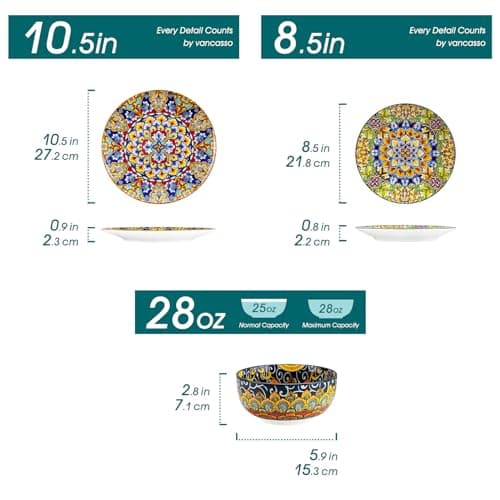 vancasso 12 Pieces Dinnerware Sets, Plates and Bowls Set, Porcelain Dishes Set for 4, Microwave and Dishwasher Safe, Scratch Resistant, Bohemian Style Dining Ware Service for 4, Series SIMI - Thumbnail 2