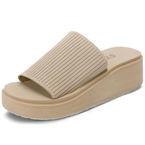 STQ Womens Platform Sandals Nude Knit Cloud Slides Cute Chunky Slide Sandals with Comfortable Memory Foam, Taupe, 10 US - Image 1