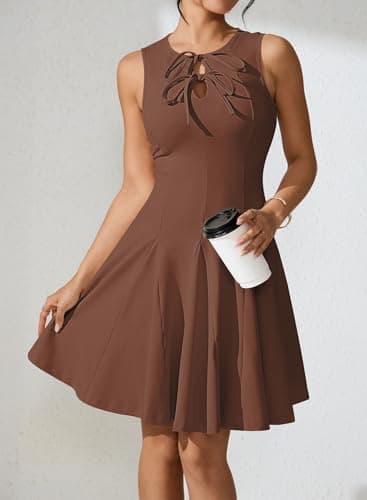 Pink Queen Sleeveless Ruffle Knit Mini Dress for Women 2026 Sexy Tie Knot High Waist A Line Cocktail Party Dresses Summer Chocolate Brown S - Thumbnail 2