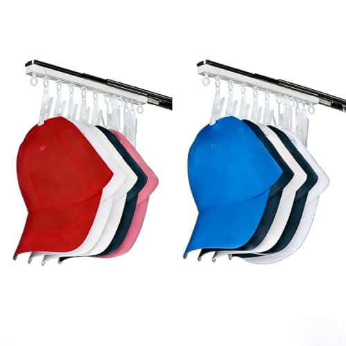 2 Pack No-Drill Wall-Mounted Baseball Hat Organizer, Hat Storage Rack Holds Up to 20 Caps, Hat Holder with 10 Damage-Free Clips & Metal Slide Rails, Modern Hat Rack for Closet, Bedroom & Entryway