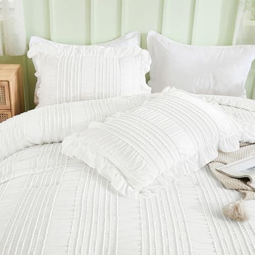 WONGS BEDDING White Queen Comforter Set,Boho Ruffle Comforter for Queen Bed,Soft Seersucker Shabby Chic Bedding Set with 1 Comforter,2 Tufted Pillowcases 90"×90" - Thumbnail 6
