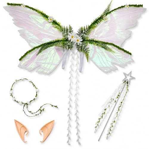 Fairy Wings Set for Kids & Adults - 4 PCS Butterfly Wings with Elf Ears, Flower Crown & Wand - Universal Size Sparkly Fairy Costume for Women Girls, Halloween Cosplay Renaissance Festival White - Image 1