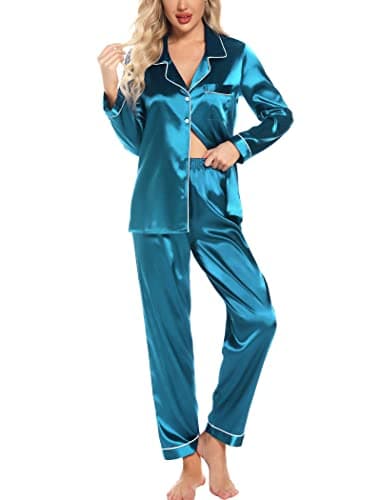 Leikar Silk Pajamas Long Sleeve Pajama Sets For Women Soft Button Down Pajamas Pj Set Peacock Blue - Image 1