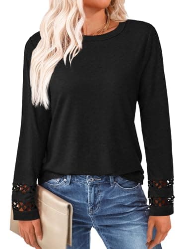 GKBK Womens Long Sleeve Tops Business Dressy Casual Blouses Crew Neck Loose Fit Lightweight T Shirts Cute Work Tee Ladies Tunic 2025 Fall Winter Fashion Clothes Trendy Outfits Black M - Thumbnail 2