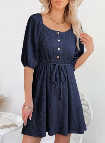 Dokotoo Graduation Dress Lantern Sleeve Square-Neck Summer Fashion Textured Tie Waist Backless Button Dress Elegant A Line Sundress for Women Blue Large - Thumbnail 2
