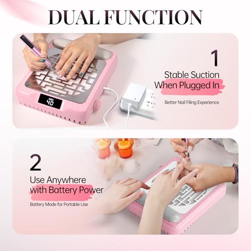 krofaue Rechargeable Nail Dust Collector with Arm Rest, 800PA Portable Cordless Dust Collector Nail Tech with Reusable Filter, Professional Nail Vacuum Fan for Acrylic Nail Polishing, Salon, Home use - Thumbnail 4