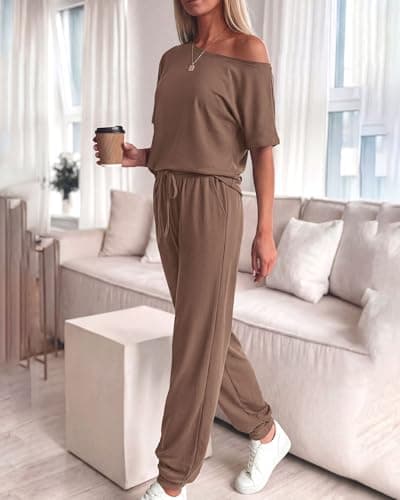 Zenlonr Women Summer 2 Piece Outfits 2026 Off Shoulder Short Sleeve Tops Elastic Waist Drawstring Long Pants Tracksuit(Dark Khaki,Small) - Thumbnail 3