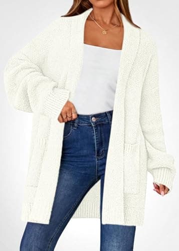 KIRUNDO Cardigan Sweaters for Women 2026 Fall Chunky Fuzzy Knit Open Front Loose Long Sleeve Sweater Coats Winter Clothing(White, Large) - Thumbnail 3
