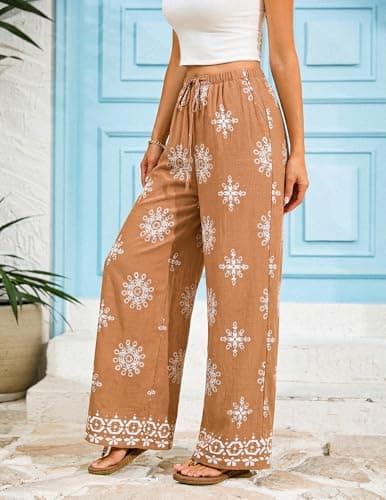LOOKBOHO Women's Wide Leg Pants with Pockets High Waist Loose Casual Trousers Casual Pants with Pockets Khaki Floral L - Thumbnail 6