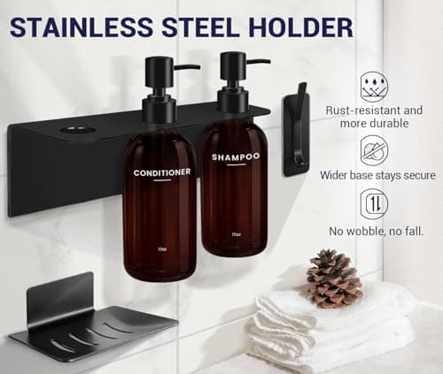 KLL Shampoo and Conditioner Dispenser - Wall Mounted Shower Soap Dispenser - 17oz No-Drill Refillable Plastic Pump Bottles for Bathroom - Includes Soap Dish & Hook (Brown) - Thumbnail 6
