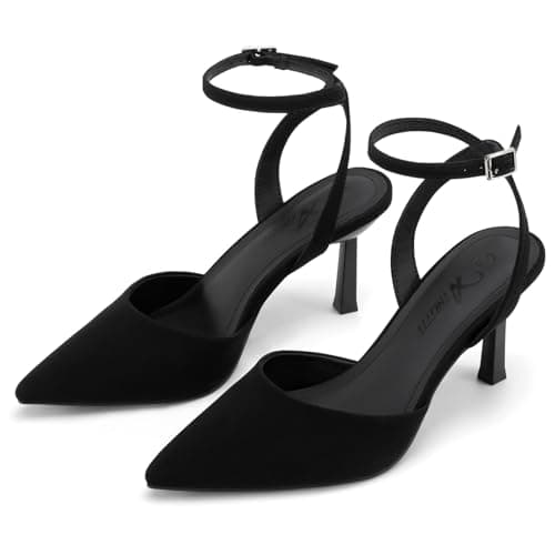 Athlefit Women's Closed Pointed Toe 3 Inch High Heels Ankle Strap Stiletto Heel Wedding Party Dress Pumps Shoes, Black Nubuck Size 10,SAPU2602W - Thumbnail 5