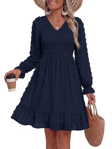 BTFBM Summer Dresses for Women 2026 Long Sleeve Casual V Neck Swiss Dot Smocked Ruffle Chiffon Flowy Mini Spring Dress(Navy, Medium) - Image 1