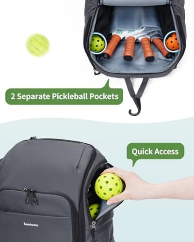 sportsnew Pickleball Bag, Waterproof Pickleball Backpack for Women Men with Shoe Compartment & Fence Hook, Gray Patent Pending - Thumbnail 2