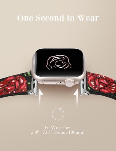 Moolia Floral Leather Band Compatible with Apple Watch Band 49/46/45/44/42mm Women, Cute Romantic Vintage Rose Pattern Strap for iWatch Series 11 10 9 8 7 6 5 4 3 2 1 SE/Ultra(1/2/3), Black/Red - Thumbnail 4