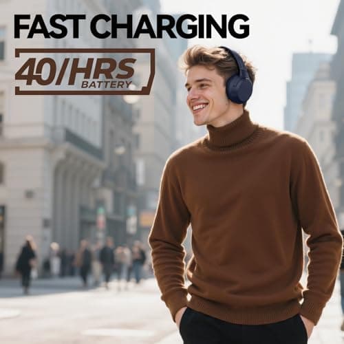 SunoFi Hybrid Active Noise Cancelling Headphones, Wireless Over Ear Bluetooth Headphones with Mic, 40H Playtime, Hi-Res Audio, Deep Bass, Foldable Comfort Fit Ear Cups for Travel, Office, Home (Blue) - Thumbnail 2