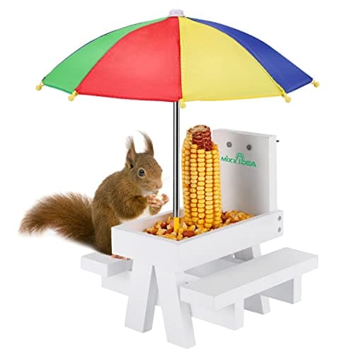 MIXXIDEA Squirrel Feeder Table with Umbrella, Wooden Squirrel Picnic Table Feeder, Sturdy Squirrel Feeder Corn Cob Holder, with Solid Structure and 2 x Thick Benches(Colorful) - Image 1