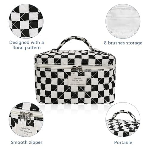 Gosect Large Makeup Bag, Cute Cosmetic Bag for Women Girls, Floral Coquette Aesthetic Toiletry Bag, Travel Make Up Organizer Bag (Black Checkered) - Thumbnail 4