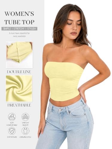 Tube Top Women Non See Through Double Lined Summer Y2K Basic Tops Casual Sleeveless Date Night Going Out Sexy Tank Top Yellow - Thumbnail 5