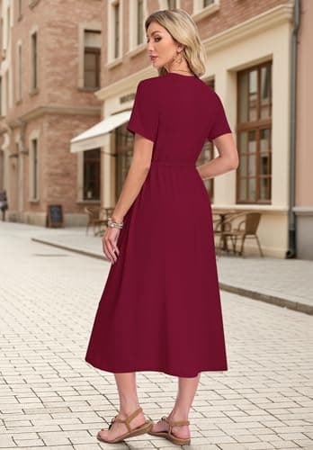 MOLERANI Women's Short Sleeve V-Neck Maxi Dress with Pockets — Adjustable Drawstring Waist for Summer Beach and Vacation Wine Red, M - Thumbnail 3