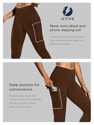 ICTIVE Women's Capris Yoga Pants with Pockets Crossover V Cross High Waisted Fitness Running Leggings Coffee S - Thumbnail 5