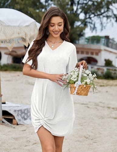 AI'MAGE Women's Bathing Suit Cover Up Short Sleeve Swimsuit Coverup V Neck Bikini Beachwear Twisted Mini Dress(White, Large) - Thumbnail 2