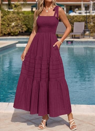 BTFBM Women's 2026 Spring Boho Spaghetti Strap Dress Casual Sleeveless Smocked A Line Beach Sundress Long Maxi Dresses(Burgundy, Small) - Thumbnail 2