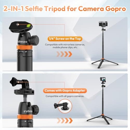 Rubesee Selfie Stick Tripod for Gopro Camera, 62" Extendable Tripod Stand with 360° Ball Head 1/4" Screw, Portable Lightweight Camera Tripod for GoPro Max Hero 13 12 11 10 9 8 DJI OSMO Action Camera - Thumbnail 4
