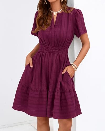 BTFBM Womens Spring 2026 Casual Mini Dresses Lightweight Short Sleeve V Neck Elastic Waist Cute Boho Beach Dress Pockets(Burgundy, X-Large) - Thumbnail 3