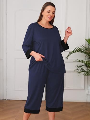 AusLook Women’s Plus Size Pajama Sets Navy Blue 3X Soft 3/4 Sleeve Nightwear Top and Capri Pants Lounge Set with Pockets - Thumbnail 5