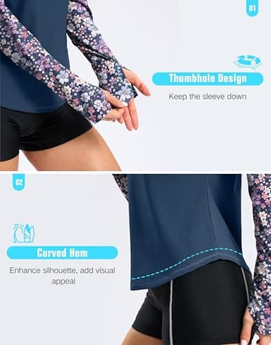 Viodia Womens Swim Shirt UPF50+ Rash Guard Long Sleeve Swimsuit Top Sun Protection Shirts Bathing Suit with Zipper Purple Flower XL - Thumbnail 4