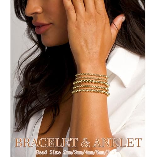 Gold Beaded Bracelets for Women, 5 Pcs Dainty 14K Gold Plated Chunky Stretch Bead Ball Bracelet Stack - Thumbnail 3