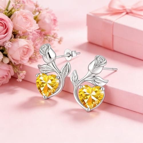 JACUPO 0.8CT Rose Heart Earrings Option of Sapphire Moissanite Stud Earrings Lab-Grown Earrings Birthstone Earrings for Women S925 Sterling Silver Post D Color VVS1 Clarity Ideal Gift for Wife Mother for Birthday Anniversary Valentine's Day Conveying I Love You Message (Nov Yellow Silver) - Thumbnail 5