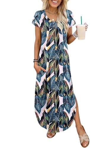 ANRABESS Womens Summer Maxi Dresses 2026 Casual Short Sleeve V Neck Loose Split Long Beach Sundress Travel Vacation Clothes Leaf Printed Large