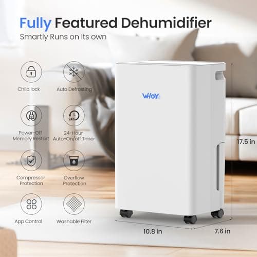 WHOY 30 Pints Smart Dehumidifier with WiFi App, for Home & Bedroom Up to 2,000 Sq. Ft., Ultra Quiet with Child Lock & Laundry Dry, 1.6L Tank & Continuous Drain Hose - Thumbnail 3