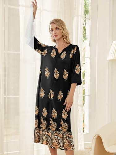 PITINAN Mumu Dresses for Women Cotton House Dress for Women Robes Long Zipper Front House Coat Womens Long Sleeve Nightgowns Black Paisley XL - Thumbnail 2