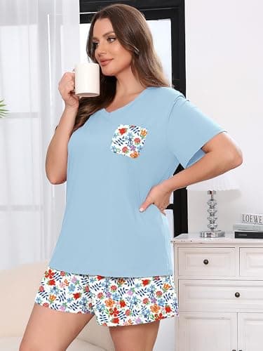 AusLook Plus Size Pajama Set for Women 2 Piece V Neck Short Sleeve Loungewear 3X Set with Pajama Printed Shorts Summer Sleepwear Loose Fit 1X-5X - Thumbnail 3