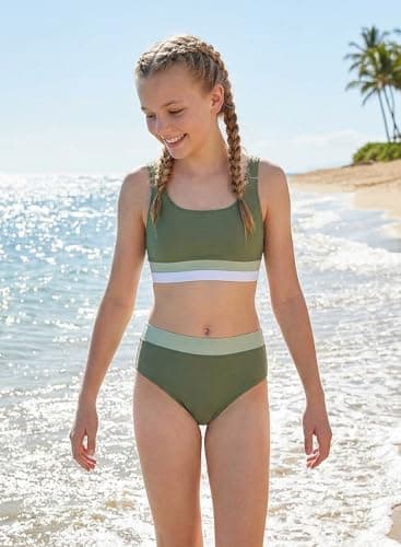 Alakuoti Girls Swimsuit Color Block Adjustable Straps Bikini Sets Teen Girl Two Piece Bathing Suits with Chest Pad Size 10 Green - Thumbnail 5