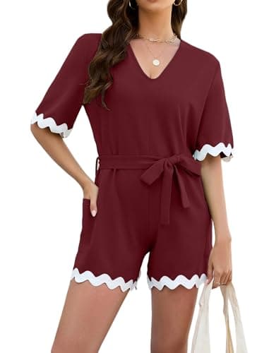 GAMISS One Piece Jumpsuits for Women Dressy Casual Short Sleeve Rompers V Neck Belt Summer Outfits with Pocket Wine Red Small - Image 1