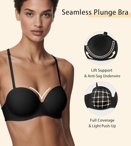 ZYQEXA Strapless Bras for Women with Support - Womens Underwire Push Up Plunge Halter Racerback Bralette Full Coverage Seamless Non Slip Workout Sexy Tshirt Convertible Bra, Black, 34A - Thumbnail 3