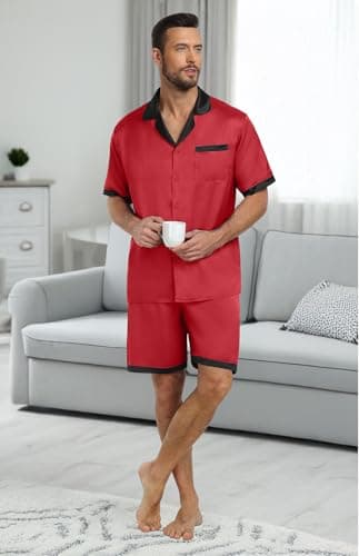 PrinStory Mens Pajamas Set Satin Silk Pajama For Men Sleepwear Shorts Summer 2 Piece Button Down Set Red Black 2XL - Thumbnail 3